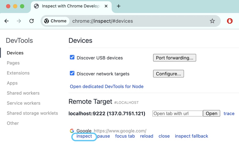 list of webviews to debug